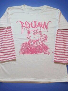 Pink Metal Hello Kitty Longsleeve T Shirt Size M Goth Stripe Sleeves 🤘
